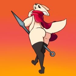 aggretsuko animal_ears anthro ass ass_focus back_view beige_fur big_ass black_eyes black_legwear black_stockings blush bottomless cape claws cloak clothed clothing cosplay crossover dynamic_pose eyebrows fangs female fenneko fox fox_ears fox_tail fur gradient_background halloween halloween_costume holding_weapon hollow_knight hornet_(hollow_knight)_(cosplay) huge_ass humanoid large_ass legwear looking_back mammal melonmiloc no_panties no_underwear open_mouth orange_background paws pose red_cape sanrio shiny shiny_skin simple_background solo spear standing stockings tail team_cherry teeth thigh_highs tongue tongue_out weapon white_pupils yellow_eyes