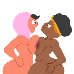 2girls angry ass ass_focus bea_(duolingo) big_ass big_breasts black_hair blush breast_press breasts brown_skin confrontation dark_skin duolingo eyebrows face_to_face female female_only headband highres hijab huge_ass huge_breasts humanoid large_ass large_breasts looking_at_each_other melonmiloc nude orange_skin pink_hijab pink_scarf side_view simple_background standing tan_skin thick_thighs white_background yellow_headband yuri zari_(duolingo)