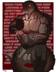 1boy 2020s 2025 5_fingers abs addiction anthro anthro_male anthro_only arm_down arm_in_front arm_markings athletic_body athletic_male balls beefy biceps big_balls big_biceps big_muscles big_penis big_tail black_arms black_claws black_hands black_legs black_markings black_nipples black_phone black_scales black_tail bodily_fluids body_markings breastplate buff claws collarbone comission completely_nude completely_nude_anthro completely_nude_male concentrated digital_media_(artwork) dinosaur dinosaur_boy dinosaur_humanoid dinosaur_tail english english_text erect_nipples erect_penis erection facial_expression fangs fingers fit fit_male genital_fluids genitalia grabbing_penis hand_on_penis hands hi_res holding holding_object holding_phone humanoid humanoid_genitalia humanoid_penis hypnosis hypnotic_eyes leaking leaking_precum left-handed long_penis long_playtime long_tail looking_at_phone looking_down looking_pleasured male male_focus male_only masturbation mind_control mindless muscular muscular_anthro muscular_arms muscular_legs navel nipples no_nose nostrils nude nude_anthro nude_male open_eyes open_mouth pecs penis porn_addict precum precum_drip precum_on_penis prehistoric prehistoric_species presenting presenting_penis red_background scales scalie scalie_humanoid scalie_male scalie_only solo solo_male standing tail tailwag teeth text_in_background three-quarter_portrait three-quarter_view throbbing throbbing_penis tongue tongue_out trapezius tridark veiny_penis watching_porn watermark white_border