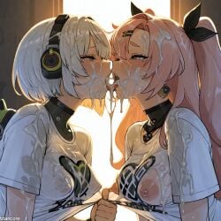 (titancore) ai_generated anby_demara bedroom big_breasts close cum cum_covered cum_drip cum_everywhere cum_in_mouth cum_on_body cum_on_breasts cum_on_face female girl grabbing_shirt headphones kissing long_hair naughty_face naughty_girl nicole_demara nipples pink_hair pose see-through_clothing short_hair twintails video_game_character wet_body wet_clothes wet_skin white_hair yuri zenless_zone_zero