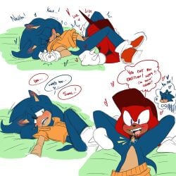 2017 2boys anthro baseball_cap bed big_clitoris blue_body blush bodily_fluids clitoris clothing cropped_hoodie cunnilingus drooling duo ear_blush echidna erect_clitoris eulipotyphlan footwear furniture gay genitals gloves green_eyes gynomorph hand_on_leg handwear hat headgear headwear hedgehog hi_res intersex intersex/male knuckles_the_echidna lying_and_blow_position male male_only mammal mitarashi monotreme on_bed open_mouth open_smile oral purple_eyes red_body saliva sega sex shoes smile sonic_(series) sonic_the_hedgehog sonic_the_hedgehog_(series) t_dick tdick tongue trans_(lore) trans_man transgender vaginal_penetration yaoi yellow_clothing