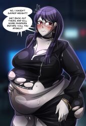 ass assthethick bbw belly belly_overhang big_ass big_belly big_breasts breasts bubble_ass bubble_butt embarrassed english_text fat fat_ass female female_focus goth goth_girl hiruko_shizuhara huge_ass huge_breasts large_ass large_breasts morbidly_obese morbidly_obese_female obese purple_hair red_eyes ripped_clothing ssbbw sweat the_hundred_line_-last_defense_academy- weight_gain_denial