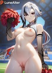 1girls ai_generated alternate_costume arlecchino_(genshin_impact) belly_button big_ass big_butt big_nipples big_thighs cheerleader exposed_breasts exposed_nipples exposed_pussy female female_focus female_only genshin_impact hoyoverse long_hair lunealter mature_female medium_breasts mihoyo multicolored_hair naked naked_female pale-skinned_female pale_skin stadium_background thick_butt thick_legs thick_thighs white_hair