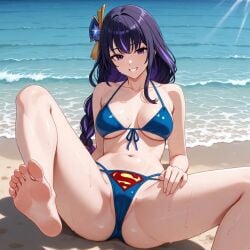 1girls ai_assisted ai_generated beach bikini bikini_bottom bikini_top blue_bikini breasts crossover dc dc_comics expressions feet feet_up female female_focus female_only foot_fetish foot_focus genshin_impact legs legs_apart legs_spread purple_eyes purple_hair raiden_shogun seducing seductive seductive_body seductive_eyes seductive_gaze seductive_look seductive_mouth seductive_pose seductive_smile solo solo_female solo_focus superman superman_(series) superman_logo themed_clothes tongue_out