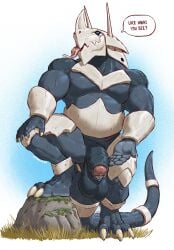 aggron anthro balls banana_da_boi big_balls big_muscles big_penis bodily_fluids claws dialogue english_text eye_scar facial_scar foreskin generation_3_pokemon genital_fluids genitals hi_res horn humanoid_genitalia humanoid_penis male musclegut muscular muscular_anthro muscular_male nintendo nude_male outside penis pokemon pokemon_(species) precum presenting presenting_penis rock saggy_balls scar solo speech_bubble tail text thick_penis thick_tail toe_claws tongue tongue_out