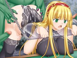 bare_shoulders black_thighhighs blonde_hair bondage breasts censored chains collarbone cum cum_in_ass cum_in_pussy cum_on_lower_body drooling erect_nipples female game_cg green_eyes kukkoro_! large_breasts long_hair open_mouth oyama_dennou_giken penis rape restrained solo_focus tears thighhighs