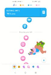 1boy anthro app_screen ass ass_focus avian big_ass bird blush brown_skin describe_your_dick duo_(duolingo) duolingo english_text erection eyebrows female from_behind green_feathers highres huge_ass humanoid humor large_ass looking_back male melonmiloc meme open_mouth parody penis phone pink_hijab pink_scarf prone screenshot simple_background sunglasses sweat text thick_thighs white_background wide_eyes yellow_eyes zari_(duolingo)