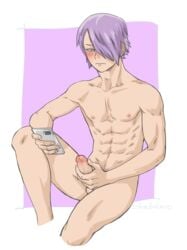 1boy blush dinnikeato male_focus male_only masturbation my_hero_academia nude penis phone purple_hair seiji_shishikura shishikura_seiji solo