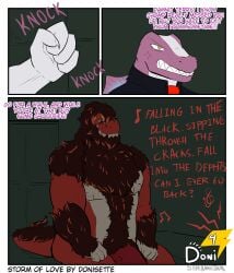 absurd_res anthro beard bed big_penis body_hair chest_hair comic depression dialogue dinosaur dinosaur_king_(series) donisette door english_text facial_hair furniture genitals happy_trail hi_res knocking_on_door male musclegut muscular music nipples nude on_bed onomatopoeia penis prehistoric_species reptile sad saurischian scalie sitting sitting_on_bed solo sound_effects spinosaurid spinosaurus spiny_(dinosaur_king) tail tail_fur terry_(dinosaur_king) text theropod tyrannosaurid tyrannosauroid tyrannosaurus tyrannosaurus_rex