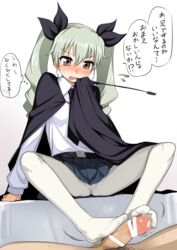 anchovy blush cape censored drill_hair female footjob girls_und_panzer green_hair hair_ribbon kumadano long_hair looking_at_viewer no_shoes open_mouth pantyhose penis pleated_skirt ribbon riding_crop skirt solo_focus text tied_hair translation_request twin_drills twintails uniform white_legwear