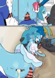 absurd_res anthro anus blush bodily_fluids brand_new_animal breasts censored censored_genitalia cetacean clothing comic cum cum_in_mouth cum_in_vagina cum_inside dolphin double_penetration eeeshimaenaga erection exposed_breasts feathers fellatio female female_penetrated generation_8_pokemon generation_9_pokemon genital_fluids genitals group group_sex hair hand_on_head hi_res inteleon irrumatio male male/female male_penetrating mammal marine nina_flip nintendo nipples oral oral_penetration penetration penile penis penis_in_mouth pokemon pokemon_(species) pull_out quaquaval san_ruishin sex simple_background spitroast studio_trigger tail toothed_whale trio vaginal_penetration vulva