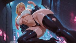 ai_generated bikini black_footwear black_jacket black_thighhighs blonde_hair boots bracelet breasts building choker city ear_piercing earrings female from_below high_heel_boots high_heels highleg holding jacket jewelry kitag_marin large_breasts lavegirlai long_hair looking_at_viewer marin_kitag multicolored_hair navel night off_shoulder outdoors piercing rain red_eyes smile solo sono_bisque_doll_wa_koi_wo_suru swimsuit thighhighs thighs torn_clothes torn_thighhighs underboob