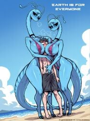 ai_generated alien antennae_(anatomy) beach big_breasts bikini bodily_fluids breasts clothed clothing erection erection_under_clothing female genital_fluids group head_between_breasts hi_res hooves human humanoid long_neck long_tail male male/female mammal mouthless precum precum_through_clothing seaside size_difference sling_bikini striped_body stripes sweat swimwear tail tenting trio wet wet_clothing