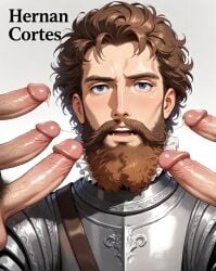 1boy 2d 2d_(artwork) 5boys ai_generated anime anime_style armor beard blue_eyes brown_beard brown_eyebrows brown_hair curly_hair facial_hair funny gangbang gay historical_porn history lambai11 mature_male mexico moustache multiple_penises self_upload shitpost spain tagme text thick_eyebrows white_skin yaoi
