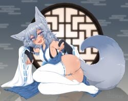 1boy crossdressing facial_markings femboy fox fox_boy fox_ears fox_tail gray_eyes gray_hair japanese_clothes kuromaru_(original_character) licking_lips lifting_shirt long_hair makeup panties pushpup skirt_lift stockings tagme teasing