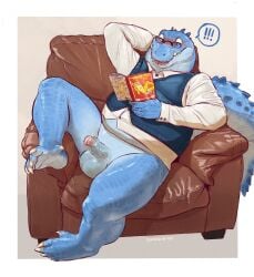 alligator alligatorid anthro balls banana_da_boi belly big_tail blue_body blue_scales bodily_fluids bottomless bottomless_anthro bottomless_male button_(fastener) claws clothed clothing collared_shirt crocodilian dress_shirt eyewear foreskin furniture genital_fluids genitals glasses hi_res humanoid_genitalia humanoid_penis leaning leaning_backward looking_at_porn magazine male on_sofa overweight overweight_anthro overweight_male penis porn_magazine pornography precum reading_magazine reptile scales scalie shirt sofa solo straining_buttons sweater sweater_vest tail thick_tail topwear vest wearing_glasses