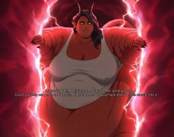 ai_assisted bbw ben03020 demon_girl demon_horns demon_tail dispatch_(game) english_text highres huge_belly huge_breasts malevola_gibb obese red_skin ssbbw stuck stuck_in_portals yellow_eyes