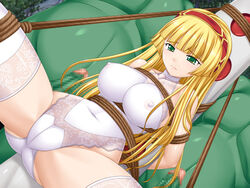 1girls arms_behind_back bare_shoulders blonde_hair bondage breasts censored closed_mouth collarbone erect_nipples female game_cg green_eyes hair_ornament hairband kukkoro_! large_breasts lingerie long_hair navel oyama_dennou_giken rope solo_focus tears teddy_(clothing) thighhighs white_legwear white_thighhighs