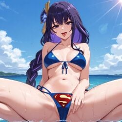 1girls ai_assisted ai_generated beach bikini bikini_bottom bikini_top blue_bikini breasts crossover dc dc_comics expressions female female_focus female_only genshin_impact legs legs_apart legs_spread purple_eyes purple_hair raiden_shogun seducing seductive seductive_body seductive_eyes seductive_gaze seductive_look seductive_mouth seductive_pose seductive_smile solo solo_female solo_focus superman superman_(series) superman_logo themed_clothes tongue_out
