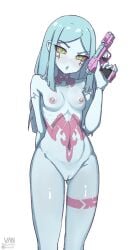 1girls 2d 2d_(artwork) alternate_version_at_source alternate_version_available aqua_eyes areolae arm_behind_back bikini bikini_bottom bikini_top breasts breasts_out casual cleft_of_venus collarbone colored_sclera commentary completely_nude cowboy_shot cyberpunk:_edgerunners cyberpunk_(series) cyborg feet_out_of_frame female firearm flat_chest flat_chested green_eyes gun hair_down handgun highres hip_bones holding holding_gun holding_object holding_weapon human leg_tattoo legs_together long_hair long_legs looking_at_viewer navel neck_tattoo nipples open_mouth pale_skin petite petite_body petite_breasts petite_female pinup pussy pussy_lips pussy_peek rebecca_(edgerunners) red_sclera ribs signature simple_background small_breasts solo standing stomach_tattoo tattoo tattoos thigh_gap thighs tiny_breasts tits_out uncensored vagina vaniste variant variant_set weapon white_background wide_hips