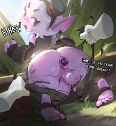 2025 buttplug e621 grabbing_from_behind looking_back on_knees purple_body ripped_clothing talking testicles