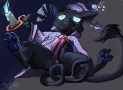 3_toes absurd_res anthro avian balls black_body black_fur black_genitals blue_eyes blue_pawpads bottomless bubble candle claws clothed clothing deadlock digital_media_(artwork) drunk drunk_bubble erection feet fur genitals glans glowing glowing_eyes gryphon hat headgear headwear hi_res huge_filesize humanoid_genitalia humanoid_penis inner_ear_fluff looking_at_viewer lying magic magic_user male mammal monotone_body mythological_avian mythological_creature mythology on_back partially_clothed pawpads paws penis pink_genitals pink_penis purple_clothing purple_genitals purple_penis rem_(deadlock) robe signature simple_background solo spread_legs spreading substance_intoxication tail tail_tuft toes topwear tuft valve zerbug