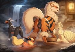 ai_generated animal_genitalia animal_pussy anus arcanine aroused ass blush bodily_fluids canid canine canine_genitalia canine_pussy eeveelution female feral flareon fur generation_1_pokemon generation_2_pokemon genital_fluids genitals group hi_res horn hot_spring houndoom looking_at_another looking_at_viewer looking_back looking_back_at_viewer lying mammal multi_nipple multi_tail ninetales nintendo nipples on_front on_hind_legs one_eye_closed open_mouth partially_submerged paws plant pokemon pokemon_(species) presenting presenting_hindquarters pussy pussy_juice raised_tail rock seductive standing steam tail tongue tongue_out tree water waterfall wet wet_body wet_fur