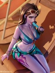 3d artist_request beach blue_hair blue_skin cote_d'azur_widowmaker food overwatch popsicle tagme weinvely widowmaker