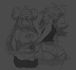 2girls artist_request big_breasts bottom_heavy daisy_dukes denim_shorts double_bun fat_ass female female_only groping hilda_(pokemon) jean_shorts pokemon pokemon_bw pokemon_bw2 rosa_(pokemon) shorts sketch small_breasts undressing_another