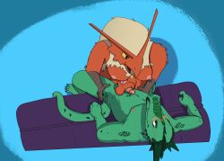 2026 absurd_res anthro avian balljob balls beak blaziken breasts claws colored duo eye_contact fangs finger_claws flat_shading fur furniture generation_3_pokemon genital_piercing genitals grabbing_both_legs green_body green_scales gynomorph hi_res horn intersex intersex/male leg_grab lizard looking_at_another male nintendo nipples open_mouth open_smile orange_body orange_fur penis penis_piercing piercing pink_nipples pokemon pokemon_(species) reptile scales scalie shaded simple_background sitting smile sofa speence_(artist) standing tail teeth toe_claws zed_(incogneat-o)