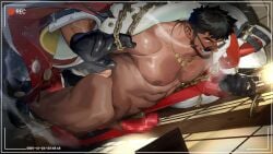 1boy abs another_eidos-r arm_hair armpit_hair armpit_hair_peek ass bara beard black_boots black_gloves black_hair boots chains christmas colored_condom condom condom_on_penis dutch_angle facial_hair gloves grin groin highres large_pectorals looking_to_the_side looking_up male_focus muscular muscular_male nipples nude official_art pectorals penis recording red_ribbon red_scarf ribbon scarf sinbad_(another_eidos) smile snowflake_print solo sunglasses tarutoru thick_eyebrows thick_thighs thighs v-taper veins veiny_arms