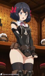 1girls ai_generated beer beer_mug bottomless breasts chair embarrassed encoder female hair_ornament indoors medium_breasts mug nageki_no_bourei_wa_intai_shitai naked naked_female nude nude_female public pulling_clothing pussy short_hair table tavern tino_shade uncensored vagina wide_hips