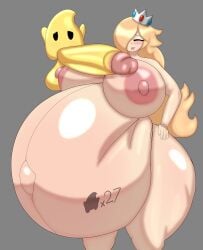 baby_bump big_areola big_belly big_breasts big_nipples blonde_hair blue_dress bonkomi cream_hair crown dress embarrassed enormous_cock gigantic_penis heavily_pregnant highres hyper_pregnancy luma massive_cock massive_penis naked pink_areola pink_nipples pregnancy_tally pregnant pregnant_belly pregnant_female rosalina shy silver_crown simple_background smiling super_mario_galaxy transparent_clothing