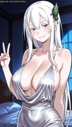 ai_generated anime arm_behind_back artmochiia bangs bare_shoulders big_breasts blush breasts butterfly_hair_ornament cleavage collarbone colored_eyelashes curvaceous curvaceous_female curvaceous_figure curvy curvy_figure dress echidna_(re:zero) fanart female female_focus female_only hair_between_eyes hair_ornament large_breasts long_hair looking_at_viewer purple_eyes re:zero_kara_hajimeru_isekai_seikatsu smile solo uncensored v very_long_hair voluptuous voluptuous_female white_dress white_hair