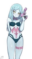 1girls 2d 2d_(artwork) alternate_version_at_source alternate_version_available aqua_eyes arm_behind_back bikini bikini_bottom bikini_top breasts casual cleft_of_venus collarbone colored_sclera commentary completely_nude cowboy_shot cyberpunk:_edgerunners cyberpunk_(series) cyborg female firearm flat_chest flat_chested green_eyes gun hair_down handgun highres hip_bones holding holding_gun holding_object holding_weapon human leg_tattoo legs_together long_hair long_legs looking_at_viewer navel neck_tattoo open_mouth pale_skin petite petite_body petite_breasts petite_female pinup rebecca_(edgerunners) red_sclera ribs signature simple_background small_breasts solo stomach_tattoo tattoo tattoos thigh_gap thighs uncensored vaniste variant variant_set weapon white_background wide_hips