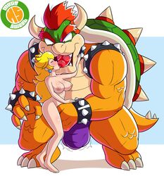 1boy 1girls areola artist_name blonde_hair blue_eyes blush bowser breasts crown extreme_french_kiss feet female full_body horns interspecies kissing long_hair male mario_(series) megasweet nintendo nipples nude princess_peach red_eyes red_hair saliva simple_background spiked_bracelet spiked_collar standing sweat toes tongue