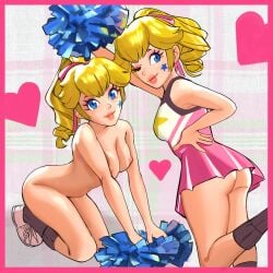 ass black_socks blonde_hair blue_eyes border breasts cheerleader closed_mouth commentary_request dress english_commentary eyelashes eyeshadow facial_mark female hair_up heart high_ponytail highres large_breasts makeup mario_(series) medium_breasts mixed-language_commentary multiple_views naked_shoes nintendo nipples nude one_eye_closed pink_border pink_dress pink_eyeshadow pink_lips pom_pom_(cheerleading) princess_peach shoes short_dress socks star_(symbol) star_facial_mark sunbeam_(artist) white_shoes