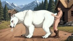 2025 ai_generated animal_genitalia animal_pussy anus balls bear blue_eyes bodily_fluids boots closed_eyes clothing cum cum_drip cum_in_pussy cum_inside cum_on_ground cum_string director_name dripping duo exhibitionism eyelashes female female_feral feral feral_penetrated footwear from_behind_position furry genital_fluids genitals hand_on_butt hi_res human human_on_feral human_penetrating human_penetrating_feral interspecies larger_female looking_pleasured male male/female male_human male_human/female_feral male_on_feral mammal medieval motion_lines mountain nude penetration penile penile_penetration penis penis_in_pussy polar_bear pussy quadruped road sex side_view size_difference smaller_male tagme terraraptor text thrusting ursid ursine vaginal_penetration vaginal_sex village voyeurism world_of_midria yiffymix_(model) zoophilia