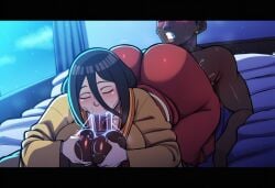 1boy 1girls 69_position ai_generated analover21 big_ass big_breasts blowjob blush boruto:_naruto_next_generations dark-skinned_male fondling_balls hyuuga_hanabi interracial light-skinned_female naruto_(series) novelai on_bed oral_sex