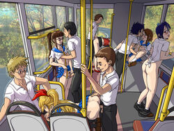 5boys 5girls ass bent_over blonde_hair blue_hair blush breast_grab breasts brown_hair bus bus_interior casual clothed_sex clothing cuckold cum cumdrip fellatio female from_behind gangbang glasses group_sex human ichijou_raku indoors kirisaki_chitoge long_hair maiko_shuu male miyamoto_ruri multiple_boys multiple_girls nipples nisekoi no_panties onodera_kosaki oral orgy pale_skin panties panties_down penetration penis pubic_hair public pussy ribbon rubbing school_uniform sex short_hair skirt skirt_lift spidu spitroast straight student swingers tongue_out tsugumi_seishirou uncensored vaginal_penetration