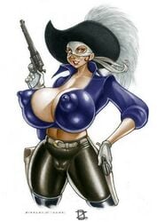 1girls 2006 ac_comics bandana_mask bimbo breasts busty cameltoe cleavage clothing colt eyelashes eyeshadow female femforce firearm guns handgun holster huge_breasts lipstick makeup nipple_bulge pistol revolver rinaldi voluptuous weapon