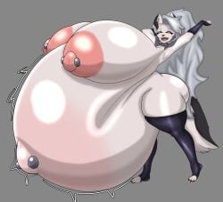 anthro antropomorph big_ass bonkomi fangs furry gray_hair grey_skin hairy hellhound helluva_boss highres loona_(helluva_boss) massive_belly massive_breasts navel_hair open_mouth pierced_nipples piercings pink_nipples red_eyes simple_background spiked_collar streched stretching wolf wolf_ears wolf_girl wolf_humanoid wolf_tail