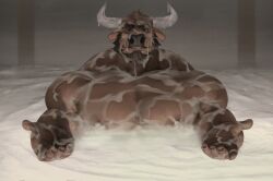 2025 2_horns anthro barazoku beard black_facial_hair black_nose bodily_fluids bovid bovine bozi brown_body brown_fur cattle cum cum_all_over cum_bath cum_flooding cum_on_arm cum_on_chest cum_on_face cum_on_neck cum_pool deltoids ears_down excessive_cum excessive_genital_fluids facial_hair fur genital_fluids hi_res horn hyper hyper_cum i'll_teach_you_everything_(chainsaw_man) inviting_viewer looking_at_viewer male mammal meme nipples partially_submerged pecs pivoted_ears solo