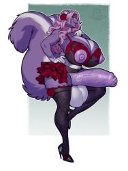 accessory anthro areola balls big_balls big_penis boosterpang breasts burlesque clothing flower flower_in_hair footwear foreskin fur furry genitals green_eyes gynomorph hair hair_accessory hand_on_hip hi_res high_heels huge_cock intersex jacinda_zefi legwear lipstick looking_at_viewer makeup mammal markings mephitid nipples on_one_leg open_mouth open_nipple_bra partially_retracted_foreskin penis pinup plant pose purple_areola purple_body purple_breasts purple_fur purple_hair purple_nipples purple_penis purple_tail red_lipstick rose_(flower) shoes signature simple_background skunk smile smiling_at_viewer solo standing stockings striped_body striped_fur striped_markings striped_skunk striped_tail stripes tail tail_markings thick_thighs uncircumcised vein veiny_penis wavy_hair white_balls white_body white_breasts white_fur white_hand white_tail
