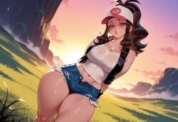 1girls ai_generated alternate_breast_size antenna_hair arms_behind_back balecxi bare_shoulders baseball_cap black_vest blue_eyes blue_shorts blush breasts brown_hair cleavage clothing collarbone crop_top curly_hair curvaceous curvaceous_female curvaceous_figure curvy curvy_figure cutoffs denim denim_shorts dutch_angle exposed_pocket female female_focus gradient_sky grass half-closed_eyes hat headwear high_ponytail hilda_(pokemon) inviting inviting_to_sex large_breasts lips long_hair looking_at_viewer midriff navel open_clothes open_fly open_shorts open_vest outdoors parted_lips pokemon pokemon_bw ponytail presenting presenting_ass presenting_breasts presenting_hindquarters presenting_self puckered_lips pursed_lips seductive seductive_look seductive_smile shiny_skin shirt short_shorts shorts sidelocks sky sleeveless sleeveless_shirt solo sunset tank_top thick_thighs thighs torn_clothes torn_shorts vest voluptuous voluptuous_female white_shirt white_tank_top wide_hips wristband