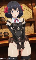 1girls ai_generated bottomless breasts confused covered_navel encoder female hair_ornament indoors medium_breasts mug nageki_no_bourei_wa_intai_shitai naked naked_female nude nude_female public short_hair table tavern tino_shade uncensored wide_hips