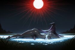 ai_generated ass barefoot black_headwear breast_press breasts colored_skin completely_nude dark-skinned_female dark_skin elden_ring elden_ring_nightreign erection field flower from_side full_body futanari glowing grass grey_skin hat large_penis long_hair looking_at_viewer lying moon night nude on_grass on_ground on_side on_stomach outdoors penis purple_headwear recluse_(nightreign) shiny_skin sky solo sun testicles thighs twoderrick uncensored white_flower white_hair wide_hips witch_hat