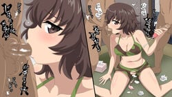 2boys akiyama_yukari breasts brown_hair censored cleavage cum fellatio female girls_und_panzer handjob multiple_boys oral penis shiraha_mato short_hair