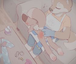 1boy1girl 2025 chastity_cage cub fingering_ass furry glove happy_female humming lube male male_cub male_focus naked on_lap pleasure red_cheeks sex_toy unknown_artist