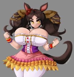 big_breasts breasts_bigger_than_head brown_hair cleavage cleavage_overflow cygames frilly_accessory frilly_dress hair_ornament hairband horse_ears horse_tail large_breasts marvelous_sunday_(umamusume) omegabean single_fang star_pupils stockings twintails umamusume umamusume_pretty_derby yellow_eyes